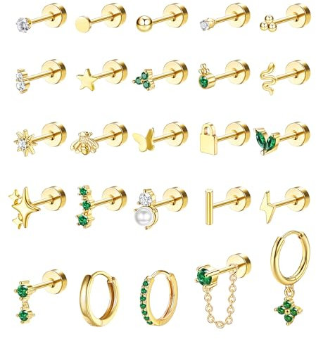 CASSIECA 25Pcs Helix Piercings Chirurgenstahl Medizinische Ohrringe für Damen,14K Vergoldet Ohrstecker Set,Klein Ohrringe Creolen Gold,Conch Tragus Piercing Ohr Schmuck für Mehrere Ohrlöcher