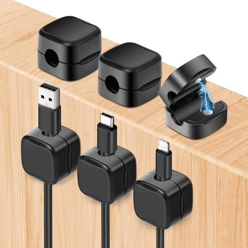 Alaoo Clips para Gestión de Cables, 6PCS Clips para Sujetacables con Magnético Duraderos, Clip de Cable de Resorte Autoadhesivo para Organizar Cables en el Escritorio (Negro)