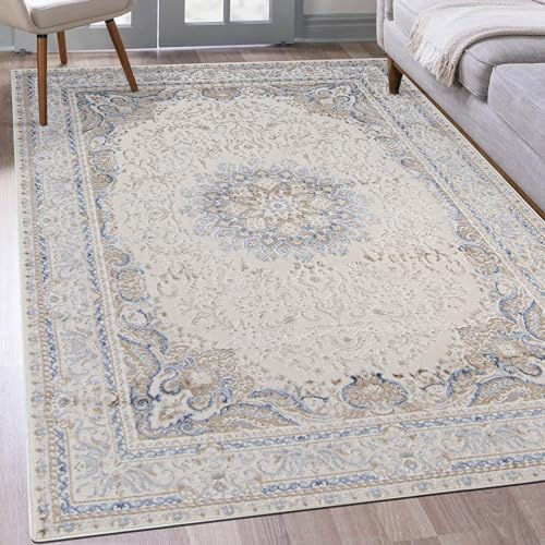 Mazovia Teppich Creme Orientalisch Vintage Teppich - Teppich für Wohnzimmer - ÖKO-TEX Zertifiziert - Weich Teppiche - Creme Beige - 120 x 170 cm