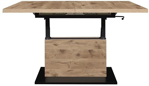 möbelando Couchtisch >Lift< höhenverstellbar durch Lift-Gestell bis 75cm, Tischplatte mit Synchronauszug auf 160cm, vulkanschwarz supermatt/Viking Oak Dekor - 120/160x59/75x60cm (BxHxT)