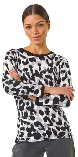 Roman Originals Animal Print 3/4 Sleeve Knit Jumper for Women UK - Ladies Everyday Autumn Winter Round Neckline Comfy Soft Evening Vacation Work Party Night Out - Black - Size 20