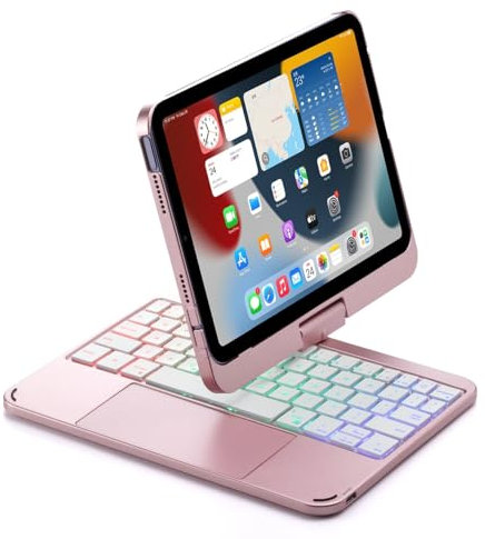 NUWONAYA Rotatable Keyboard Case for iPad Mini 7(A17 Pro)/Mini6, 360 Rotating Stand Smart Cover with Pencil Holder, Multi-Touch Trackpad Backlit Keyboard for Mini 7th/6th Generation, Rose Gold