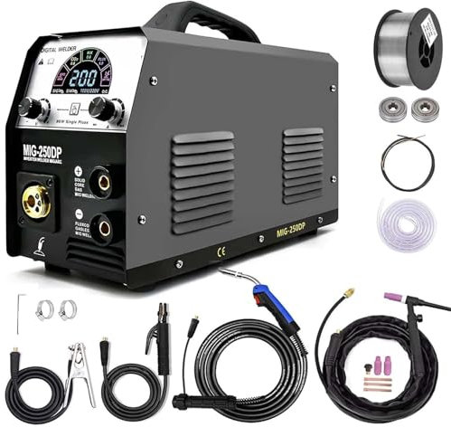 Plasma Cutter, MIG250DP Mig Welders Pulse Mig Aluminum Gas Gasless Mig ARC MMA Tig 4 in 1 Semi-Automatic Welding Machine(TIg Torch and Wire)