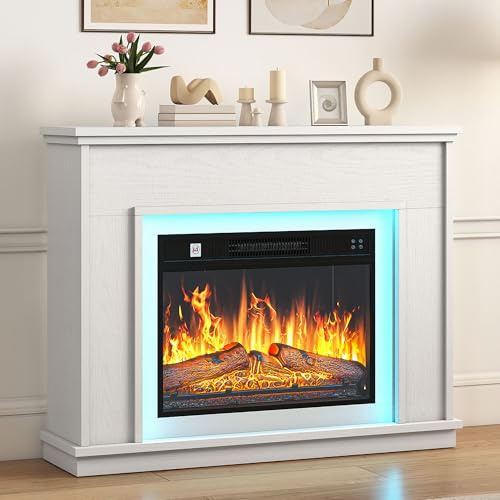 TAUS Elektrokamin mit Heizung, Elektro Kamin mit LED 3D-Flammeneffekt Elektrischer Kamin Standkamin mit LED-Ambientelicht, Timer, Thermostat, Fernbedienung (Weiß)