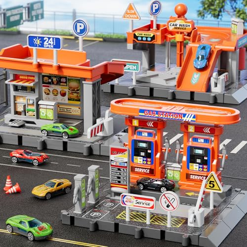 KIZONLY Toy Cars Playsets, 3-in-1 Activity Drivers Playset