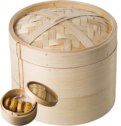 1 set 2-stegs bambuångare, 15 cm ångkorg, liten ångkokare för små dumplings, för dim sum, kyckling, grönsaker, bröd, ris