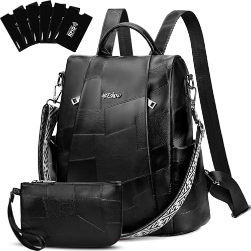 Eshow Womens Backpack Anti Theft Waterproof, Ladies Rucksack Vegan Leather Fashion, Daypack Convertible Purse With RFID, Handbag Shoulder Bag For Travel School Work Patchwork Black