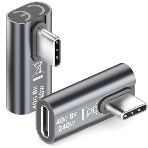 deleyCON USB-C Winkeladapter 90 Grad, 40Gbps, 240W, USB 4.0, Typ C, 2 Stück | 8K60Hz, Aluminium Gehäuse, Typ C Stecker auf Buchse, für Smartphone, Tablet, Laptop, Notebook, MacBook, PS5 usw.