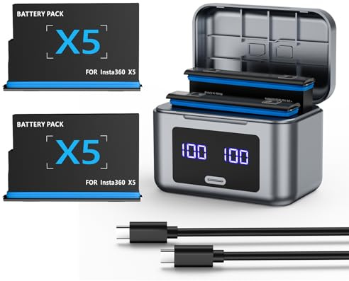 2026 Upgrade 2-Pack 2800mAh Replacement Battery and 2-Channel LED Display Fast Charging Charger Case Compatible with Insta360 X5 Camera Accessories (Batteries*2 + Charger*1)