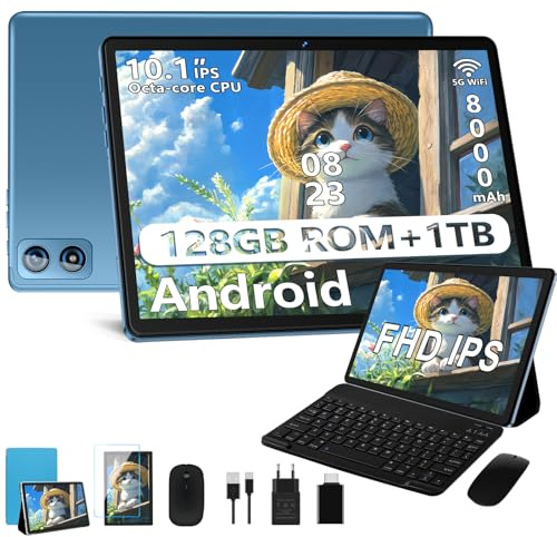 Dghrti Tablet 10 Pollici Android, 22GB RAM+ 128GB ROM (Expandable 1TB TF), 8000mAh, 8-Core, WiFi 5G, Corpo in Metallo, Widevine L1, Tablet con Tastiera e Mouse - Blue