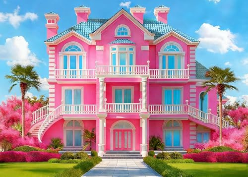 DULUDA 7x5 FT Pink House Backdrop Princess Castle Mansion Toy Photography Background Princess Castle Mansion Toy Background Summer Tropical Kids Dream Girl Birthday Party Decorations Photo Booth