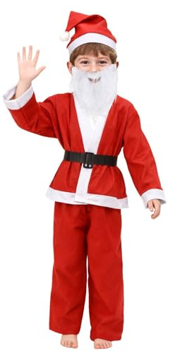 Generisch Weihnachtsmann Kostüm Jungen Santa Rot Kleidungssets 5er Set mit Mütze Bart Gürtel Nikolaus Kostüm für Partys Weihnachten Karneval & Halloween
