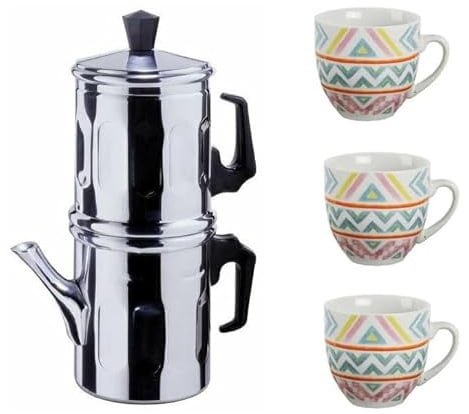mille idee Caffettiera Napoletana3 tazze in Alluminio + Set 3 Tazzine da Caffè in Ceramica – Tradizionale Cuccumella per Caffè alla Napoletana – Manici Resistenti – Design Colorato