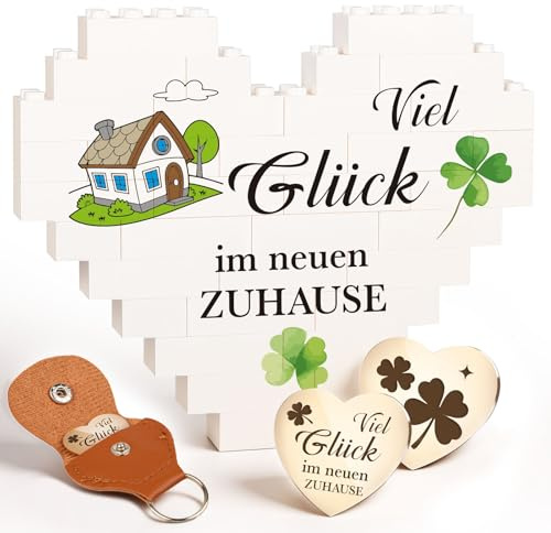 Giftota Einweihungsgeschenk Haus - herzförmige Bausteine mit Glücksbringer - Geschenk zum Einzug ins Haus,Richtfest Geschenk für Frauen & Männer, Viel Glück im neuen Zuhause