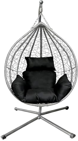 Rattan Swing Egg Chair Garden Swing Chair with Cushion | Indoor Outdoor Hanging Chair with Stand | Hammock Egg Chairs for Garden Bedroom Balcony (Grey Egg Chair & Black Cushion-four Cornered)