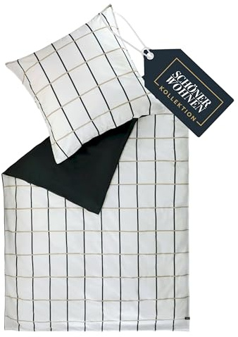 SCHÖNER WOHNEN Perform Bettwäsche 135x200 Baumwolle Beige Grau - Frühlingsbettwäsche Karo Design - ÖKO-TEX Bettwäsche-Sets 2teilig aus 1x Bettwäschebezug 135x200cm & 1x Kopfkissenbezug 80x80cm