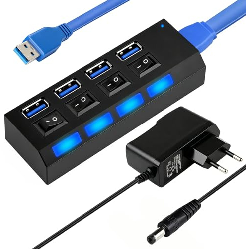 Hub USB 3.0 Alimentado, 4 Puertos USB Hub con Interruptores LED Individuales, Concentrador USB3.0 con Alimentador para PC Portátil Ratón y Teclado, Adaptador de Corriente de 5V/2A Incluido