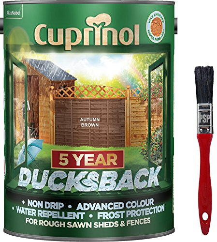 New 2018 Cuprinol Ducksback Shed & Fence Paint 5 Litre Autumn Brown. Non Drip, Water Repellent and Frost Defence. Protection for 5 Years. Includes PSP Touch up Brush.