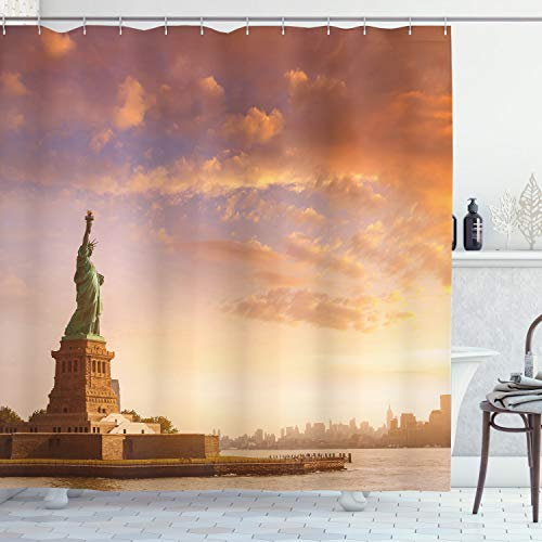 ABAKUHAUS Landschaft Duschvorhang, USA New York Landschaft, Stoffliches Gewebe Badezimmerdekorationsset mit Haken, 175 x 240 cm, Karamell Pfirsich