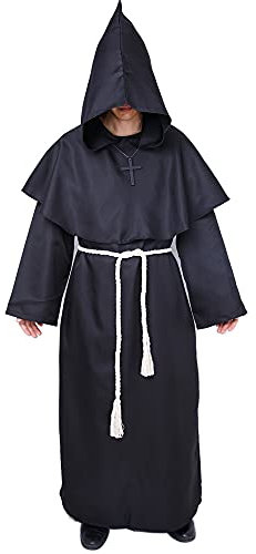 Myir JUN Deguisement Halloween Homme Prêtre Médiéval Capot Encapuchonné Moine Costume avec Croix Renaissance Robe (Noir, XL)