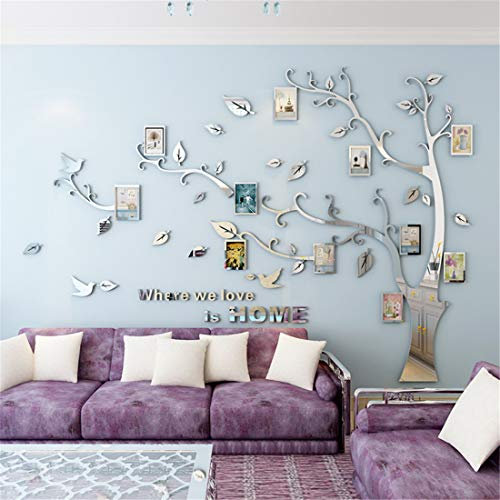 Wandtattoo Baum 3D DIY Wandaufkleber Family Stammbaum Fotowand Baum Wandtattoo Wall Sticker mit Bilderrahmen Foto Wandsticker Wanddeko Deko Wohnzimmer Schlafzimmer (Silber Links,XL)