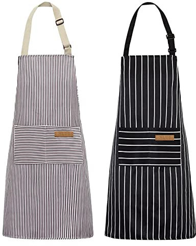NLUS Paquete de 2 delantales de cocina, delantal de chef suave ajustable con 2 bolsillos para hombres y mujeres (rayas negras y marrones)
