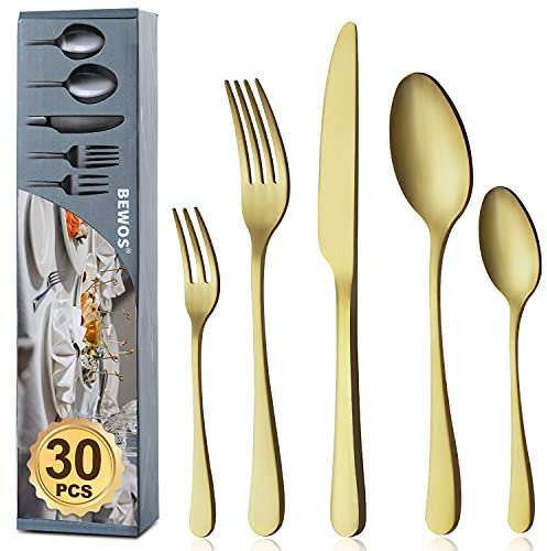 BEWOS 30 pièces Ensemble de couverts champagne or de haute qualité en acier inoxydable, couverts set fourchettes, couteaux, cuillères, service pour 6, passe au lave-vaisselle