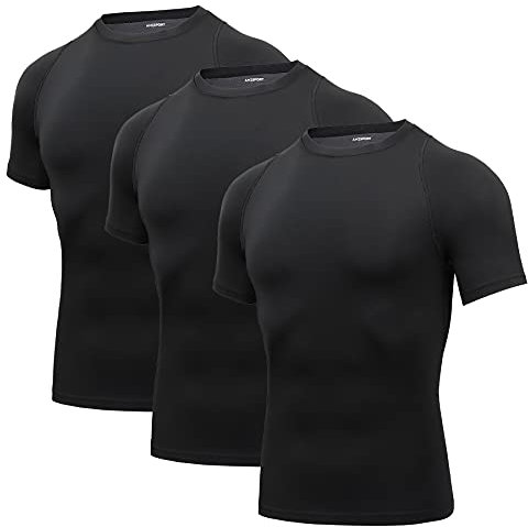 AMZSPORT Herren Kompressionsshirt Kurzarm Funktionsshirts Cool Dry Training Running Top, 3Schwarz-M