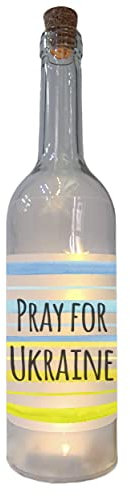 WB wohn trends LED-Flasche mit Banderole, Pray for Ukraine blau gelb Fahne 29cm Flaschen-Licht Glitzer-Flasche Leuchtflasche Lampe mit Text Spruch Frieden Stop War