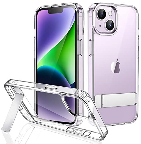 JETech Kickstand Case for iPhone 14 Plus 6.7-Inch, Support Wireless Charging, Slim Shockproof Bumper Phone Cover, 3-Way Metal Stand (Clear)