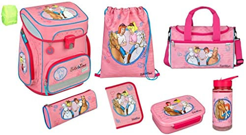 Bibi und Tina Schulranzen Set 9 teilig - Scooli Easy Fit mit Schüleretui, Schlamper, Turnbeutel, Sporttasche, Brotdose, Trinkflasche, Schlüsselanhänger und Regenschutz