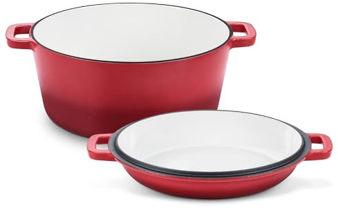 TeamFar 2 in 1 Enameled Cast Iron Dutch Oven with Lid, Red (5QT)