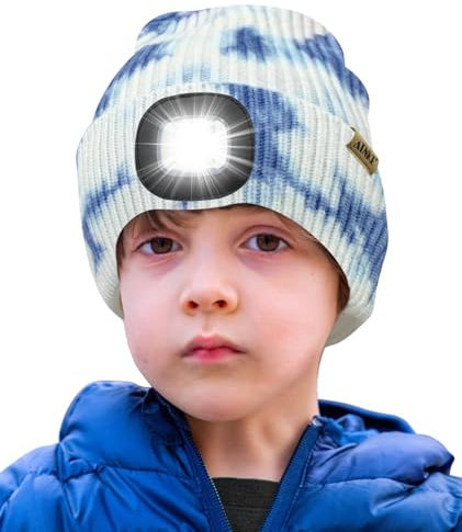 ATNKE Kids LED Beleuchtete Mütze mit Licht,Wiederaufladbare USB 4 LED Laufmütze Extrem Heller Lampe Winter Warme Stricken Mütze Großartig Geschenke für Jungen und Mädchen/Tie Dye Blue