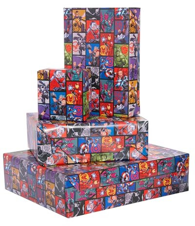 UK Greetings | Wrapping Sheets & Tags Multipack for Boys/Kids | Gift Wrapping Set | Birthdays/Weddings/Father's Day | Marvel Avengers Design | Pack of 6 | 49 x 69 cm