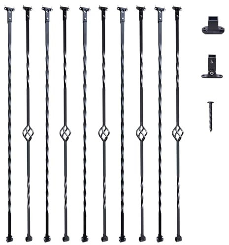 VEVOR Balaustres de Metal para Escaleras Barras de Barandilla Decorativas 1122 mm Acero Galvanizado 10 Barras de Canasta Giro Simple con Zapatos, Tornillos para Barandilla de Escalera en Caracol