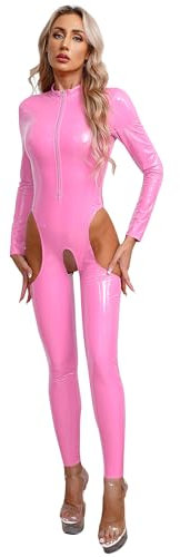 Hedmy Damen Latex Dessous Wet Look Bodysuit Sexy Ouvert Hose Latex Catsuit Lack Leder Bodysuits Nachtwäsche Clubwear Tanzparty Kostüm Rosa XL