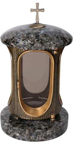 Stilvolle Grablaterne Granit Lablador Höhe 23 cm/Ø 15 cm Stilvolle Granitlaterne Elegant Grablampe Grablicht Grableuchte Bronze mit sockel