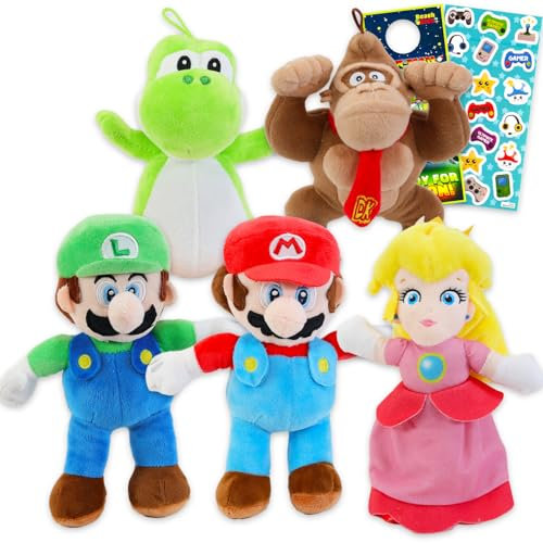 Super Mario Plüschtier-Set – Paket mit 5 Super Mario Bros Plüschtieren einschließlich Mario, Luigi, Pfirsich, Donkey Kong, Yoshi plus Aufklebern, mehr | Super Mario Stofftiere für Kinder