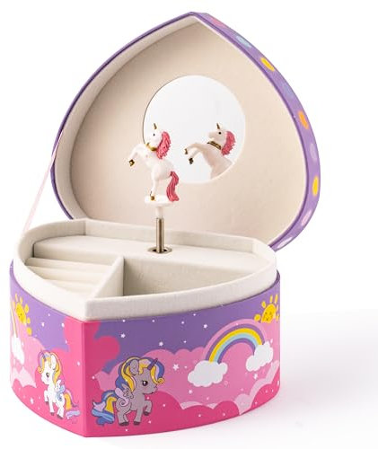 GoaePode Spieluhr Schmuckkästchen für Mädchen 3-10 Jahre, Musik Schmuckdose mit Spiegel, Tragbarer Schmuckorganizer als Geschenkbox, Umweltfreundliches Kinderspielzeug (Lila Einhorn)