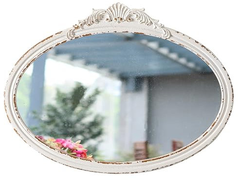 Sintosin Vintage Spiegel Oval Weiß 60 x 45 cm, Antiker Dekorative Wandspiegel Holzrahmen, Spiegel Wand für Wohnzimmer, Schlafzimmer, Badezimmer, Flur
