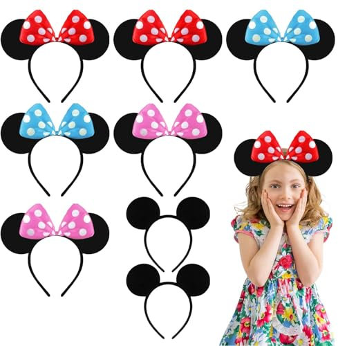 Mickey Minnie Bandeaux,Serre-tête Mickey – 8 pièces, oreilles de souris, nœud papillon, 4 couleurs (rose, rouge, bleu, noir), taille ajustable, pour femmes et filles
