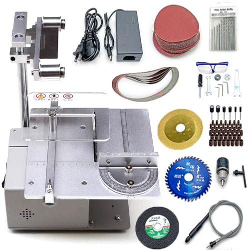 120W Multifunctional Belt Machine, Mini Table Saw Cutting Machine, 7 Speed Adjustable Polishing Sanding Cutter Sharpener, 0-90° Cutting, 4 Inch 10mm Sand Disc, for Wood Plastic Acrylic, DIY Handmade