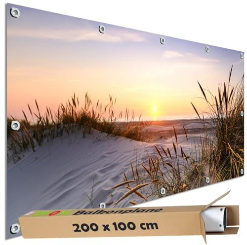 TRIOSK Sichtschutz Balkon Deko Plane Balkonblende Blickdicht mit Motiv Strand Sonnenuntergang Meer für Garten Terrasse Gartenzaun Balkonverkleidung Blickschutz PVC groß 200x100 cm