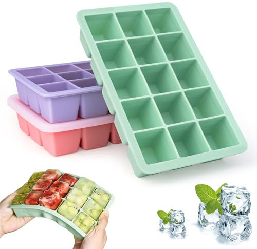 Ice Cube Tray with Lid 3 Packs 45 Cubes Large Flexible Silicone Ice Cube Tray BPA Free & Easy Release Ice Cube Moulds for Freezer, for Whisky, Cocktails, Drinks,Baby Food, Freezer
