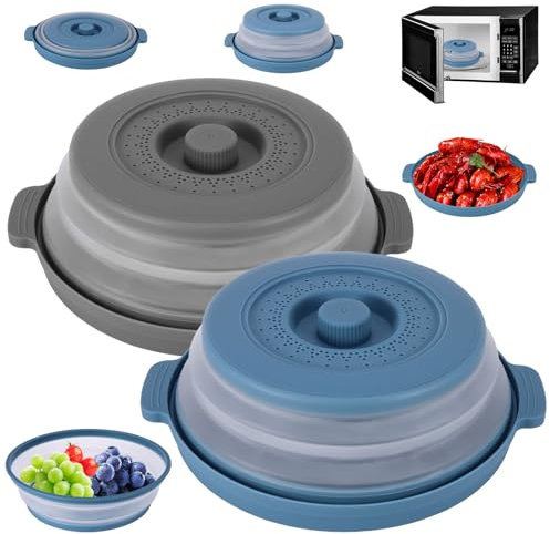 Microwave Food Cover 2 Pack, 10.5 Inch Collapsible Silicone Microwave Plate with Lid, Food Tray Draining Basket for Fruit Vegetable, BPA-Free, Gray and Blue