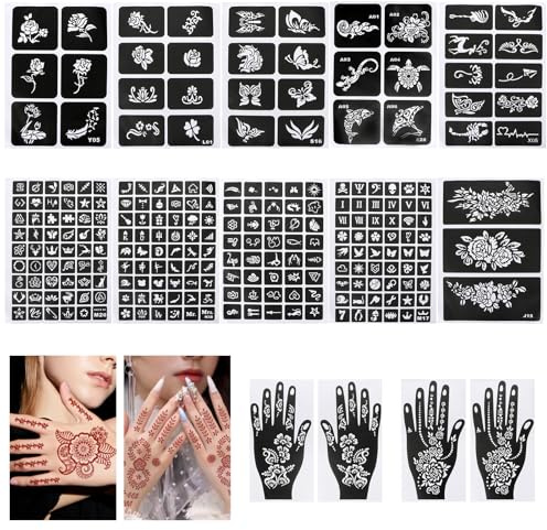 Yooyan Henna Schablonen, 247 Stück Tattoo Schablone Kit, 14 Blätter Wiederverwendbare Temporäre Henna Tattoo Schablonen, für Frauen Mädchen Teens Face Paint Body Art