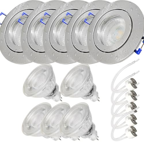 LED Einbaustrahler 12 V IP44 – 5er Set in Silber für Bad, Küche & Feuchträume, inkl. Trafo & MR16-Fassung – 3 W, 250 lm, 3000 K warmweiß, Ø 60–68 mm, optimal zur Umrüstung auf moderne LED Beleuchtung