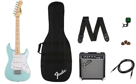 Squier by Fender Mini Stratocaster Beginner Kids Guitar Pack, Daphne Blue