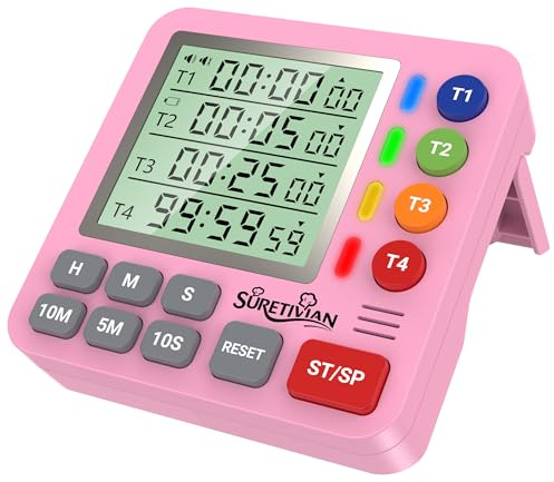 4-Kanal Küchentimer Digital mit Großer LCD-Anzeige Lautlos-Modus & Laut Ton | Digitaler Eieruhr Magnetische Küchenuhr Countdown Countup Timer für Kochen Sport Backen Lernen, inkl. Batterien