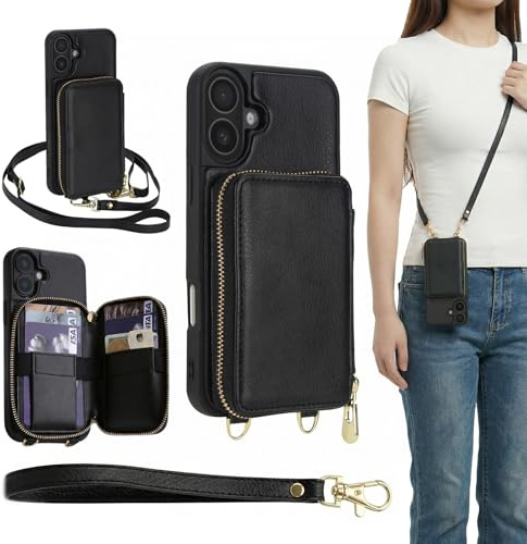 GOODVISH Handykette für iPhone 17 Hülle mit Band, Handytasche mit Kartenfach und Portemonnaie, Handyhülle mit Reißverschluss und Geldbörse mit RFID Blocker für iPhone 17, 6.3 - Schwarz